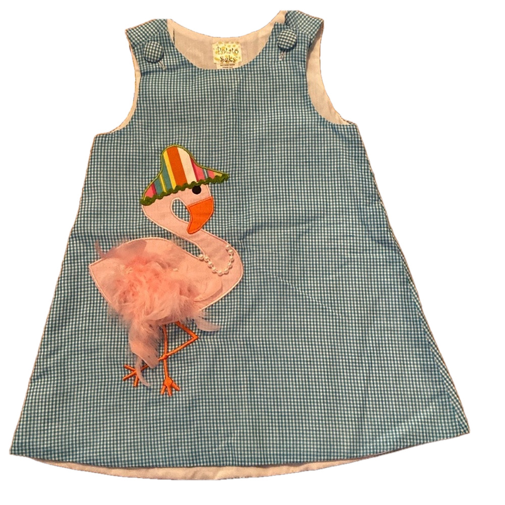 Potato Saks Dress Blue White Pink Embellished Flamingo 2T